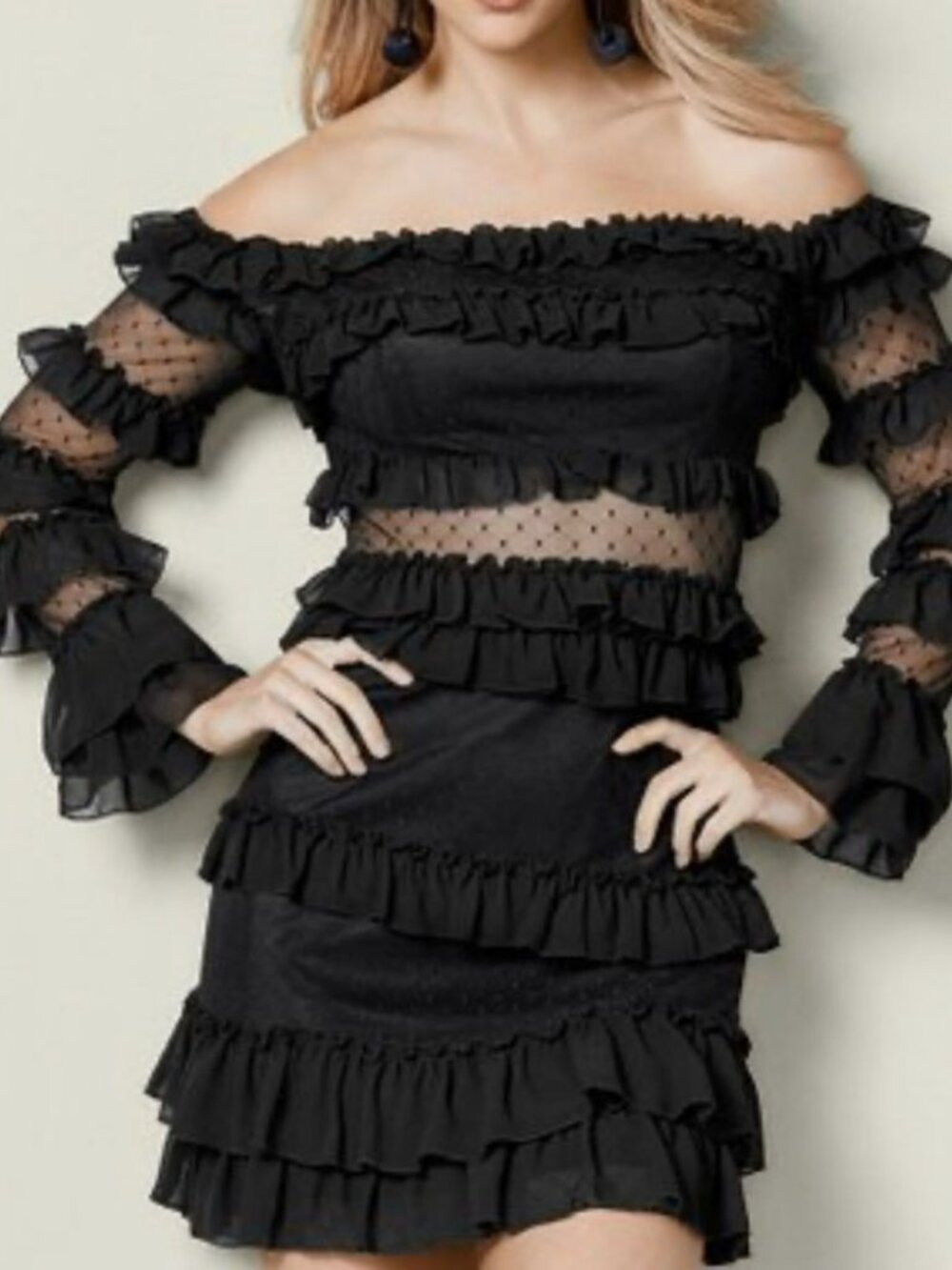 VENUS Black Off The Shoulder Tiered Ruffle & Sheer Mesh Sexy Mini Dress Size 6